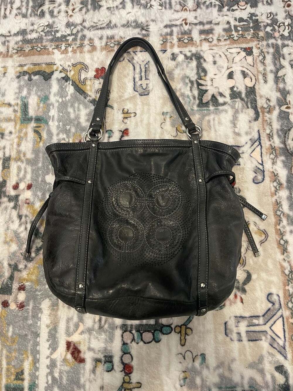Coach Audrey Black Soft Leather Dotted Tote Bag